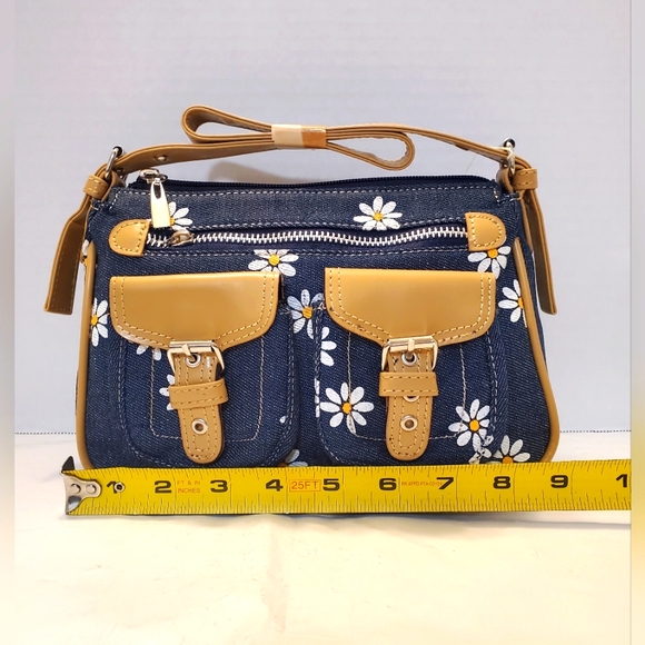 Floral Denim Shoulder Bag with Tan Accents - Picture 3 of 5